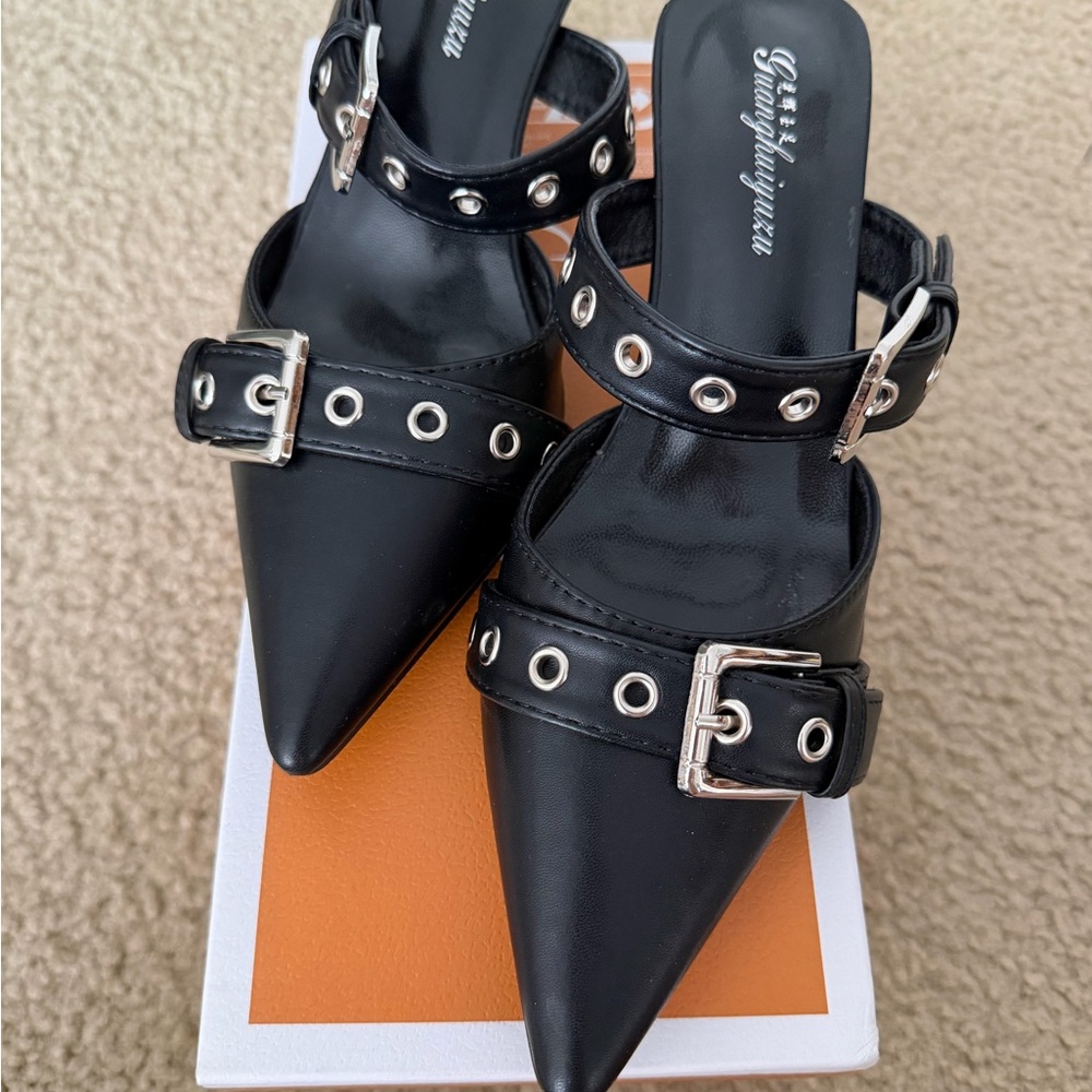 SHEIN Black Pointed Buckle Mule Heels with Silver Hardware